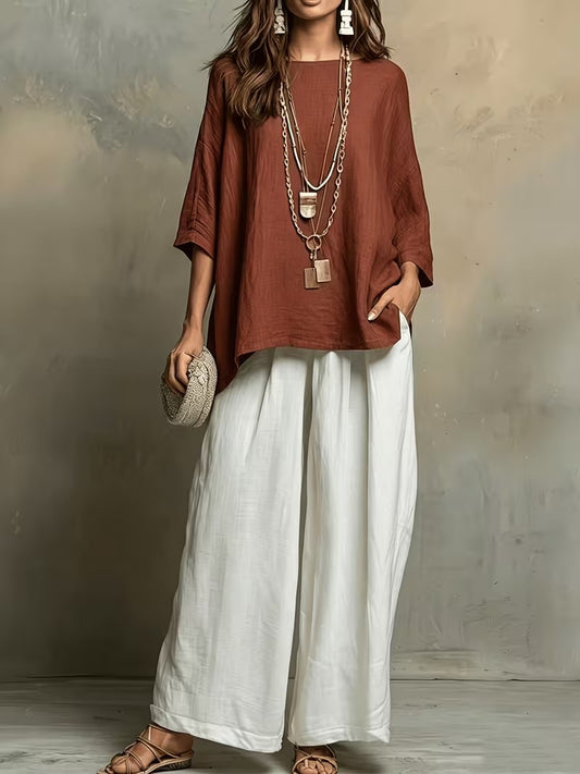 Women’s Boho Round-Neck Top & Wide-Leg Pants Set