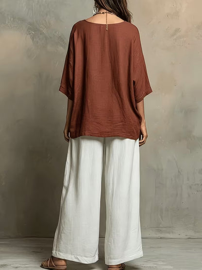 Women’s Boho Round-Neck Top & Wide-Leg Pants Set