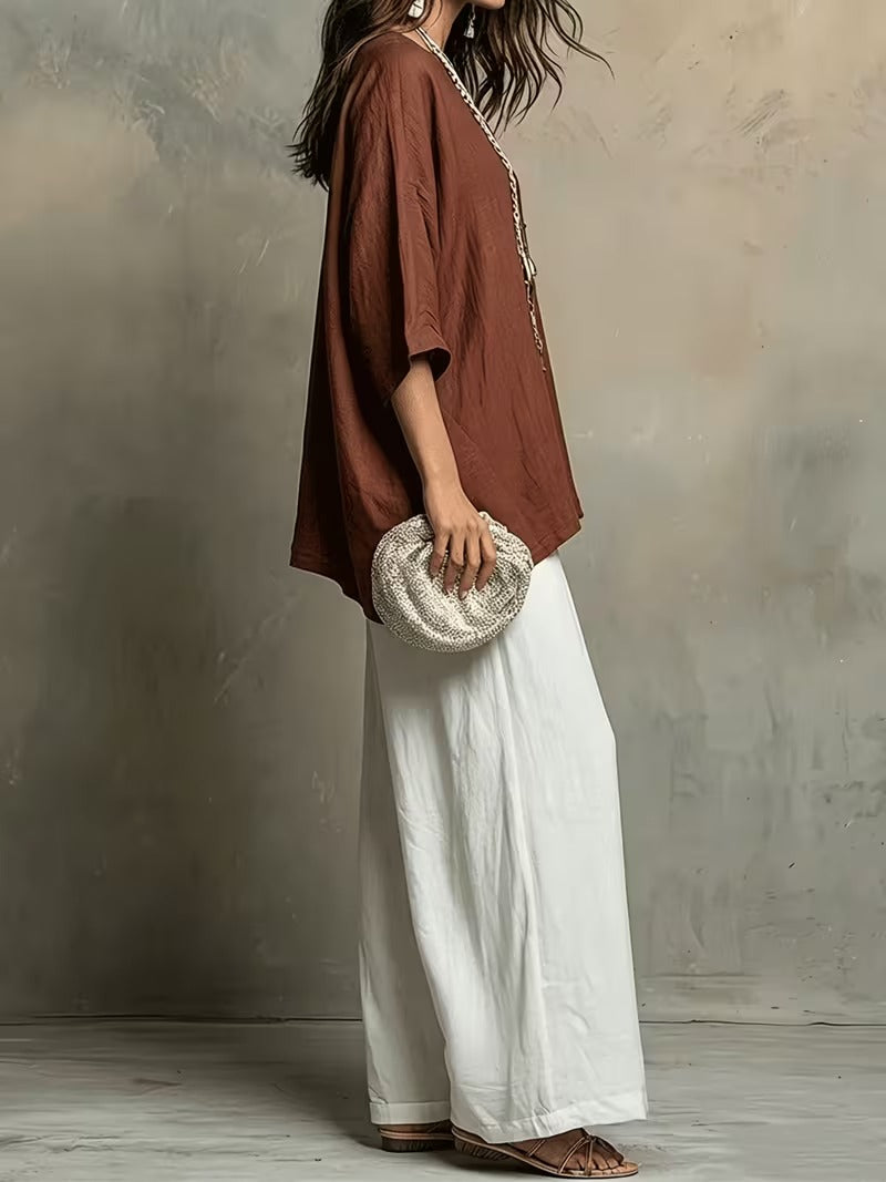 Women’s Boho Round-Neck Top & Wide-Leg Pants Set