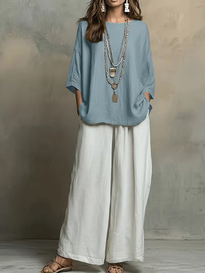 Women’s Boho Round-Neck Top & Wide-Leg Pants Set