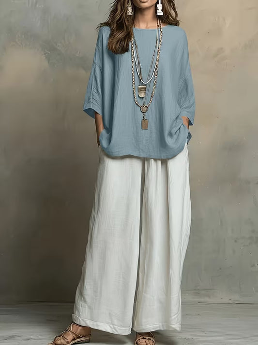 Women’s Boho Round-Neck Top & Wide-Leg Pants Set