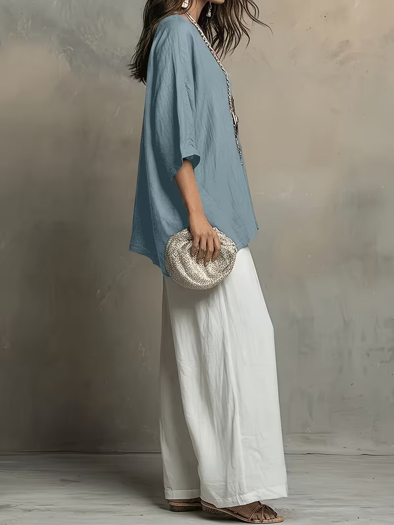 Women’s Boho Round-Neck Top & Wide-Leg Pants Set