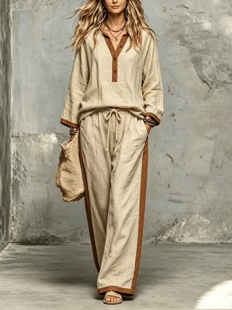 Women’s Stylish V-Neck Top & Relaxed Wide-Leg Pants Set