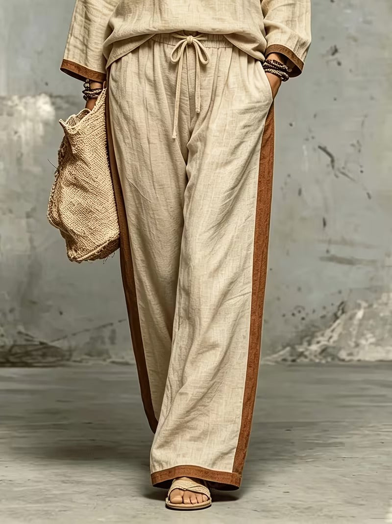 Women’s Stylish V-Neck Top & Relaxed Wide-Leg Pants Set