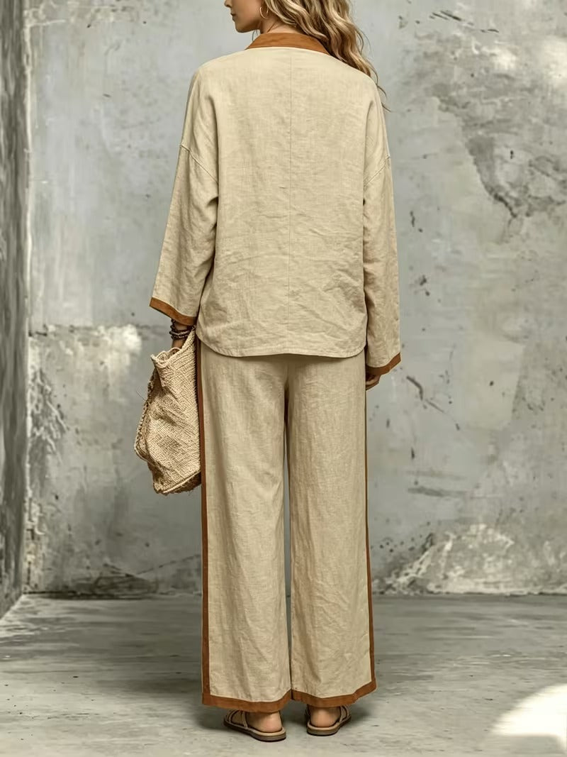 Women’s Stylish V-Neck Top & Relaxed Wide-Leg Pants Set