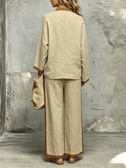 Women’s Stylish V-Neck Top & Relaxed Wide-Leg Pants Set