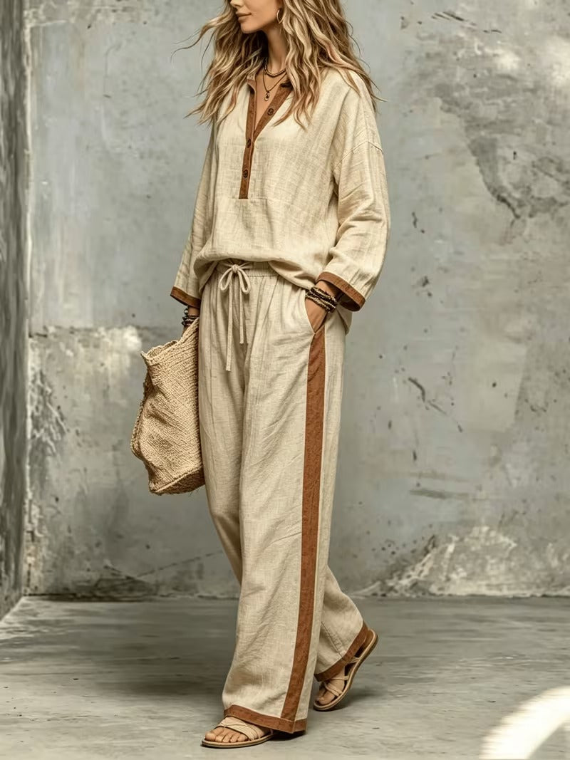 Women’s Stylish V-Neck Top & Relaxed Wide-Leg Pants Set