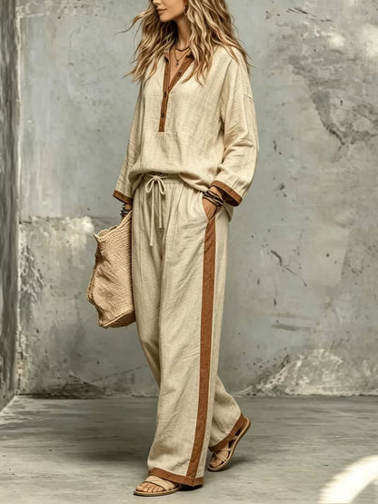 Women’s Stylish V-Neck Top & Relaxed Wide-Leg Pants Set