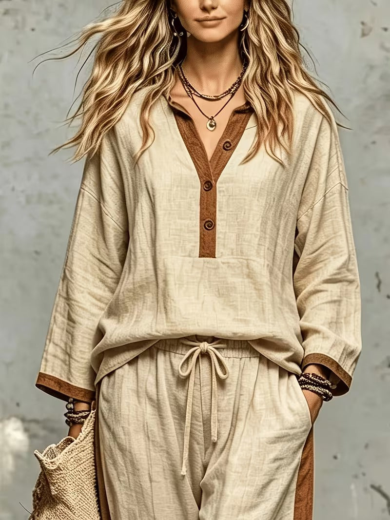 Women’s Stylish V-Neck Top & Relaxed Wide-Leg Pants Set
