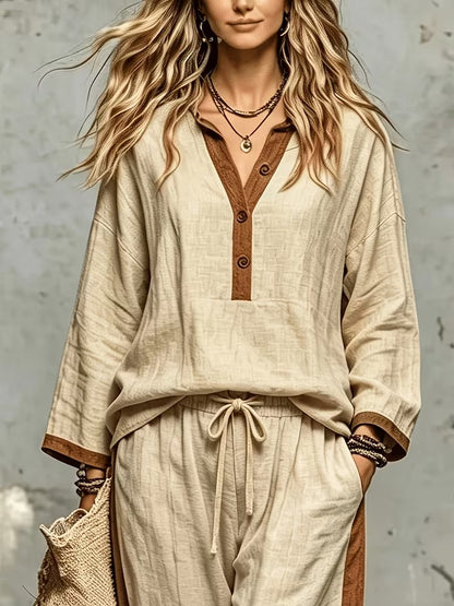 Women’s Stylish V-Neck Top & Relaxed Wide-Leg Pants Set