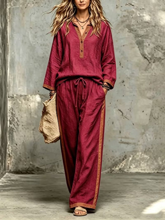Women’s Stylish V-Neck Top & Relaxed Wide-Leg Pants Set