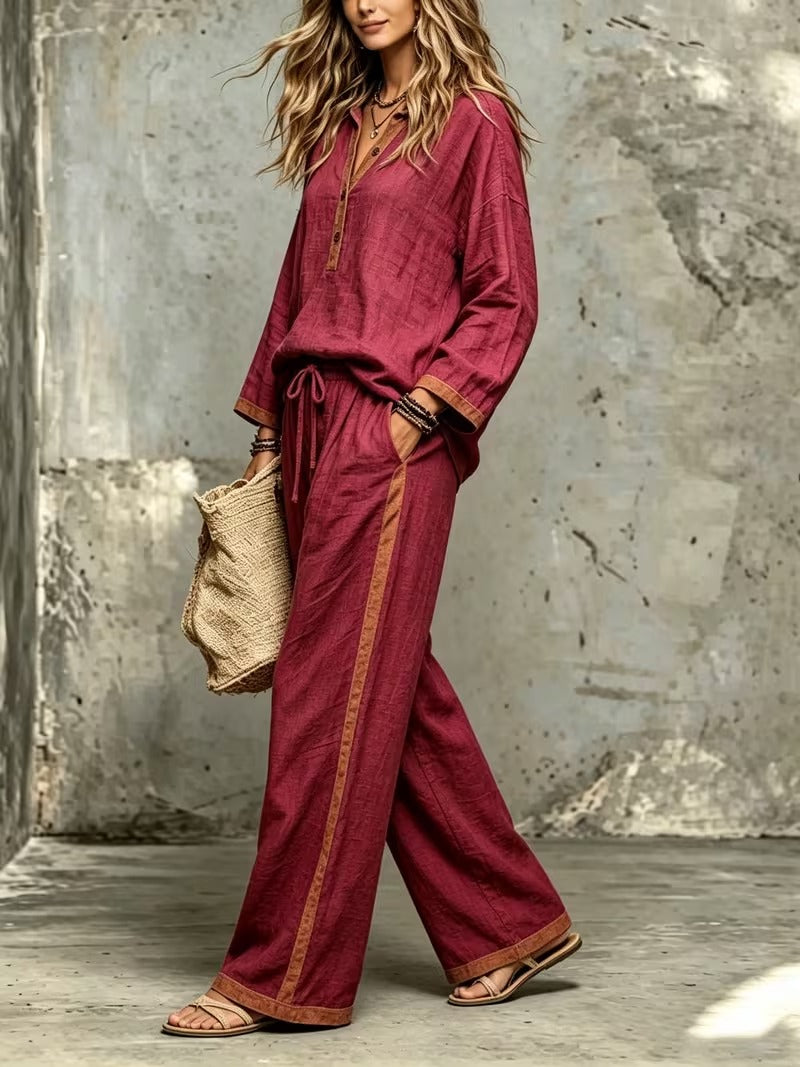Women’s Stylish V-Neck Top & Relaxed Wide-Leg Pants Set