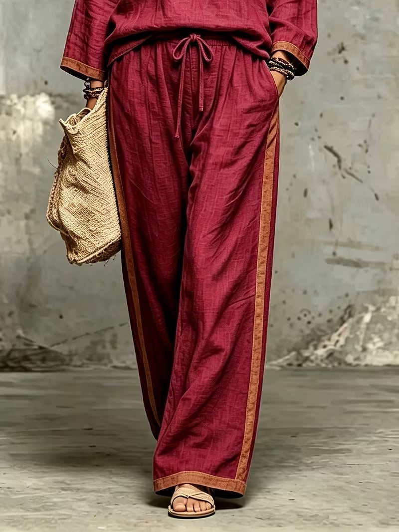 Women’s Stylish V-Neck Top & Relaxed Wide-Leg Pants Set