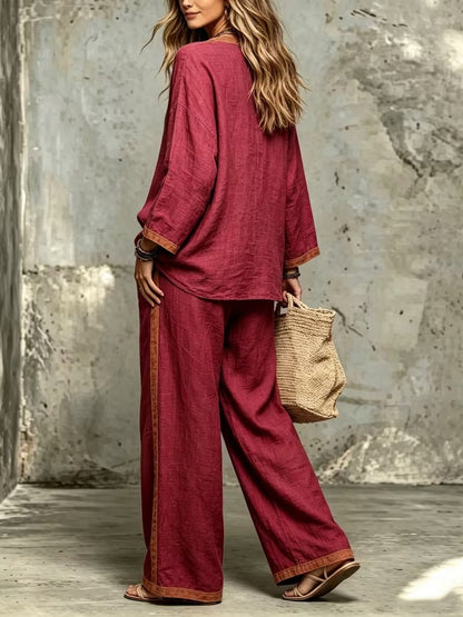 Women’s Stylish V-Neck Top & Relaxed Wide-Leg Pants Set
