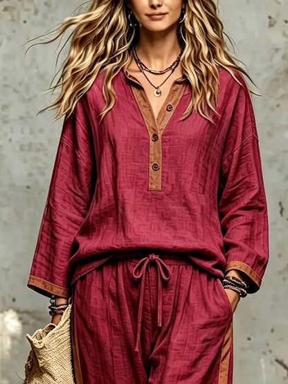 Women’s Stylish V-Neck Top & Relaxed Wide-Leg Pants Set