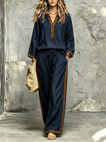 Women’s Stylish V-Neck Top & Relaxed Wide-Leg Pants Set