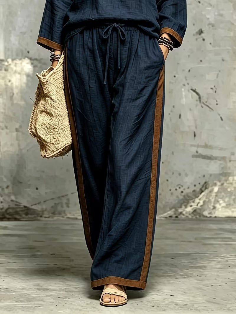 Women’s Stylish V-Neck Top & Relaxed Wide-Leg Pants Set