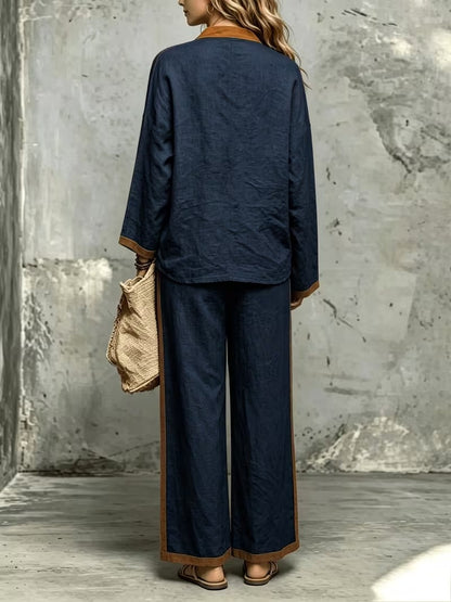 Women’s Stylish V-Neck Top & Relaxed Wide-Leg Pants Set