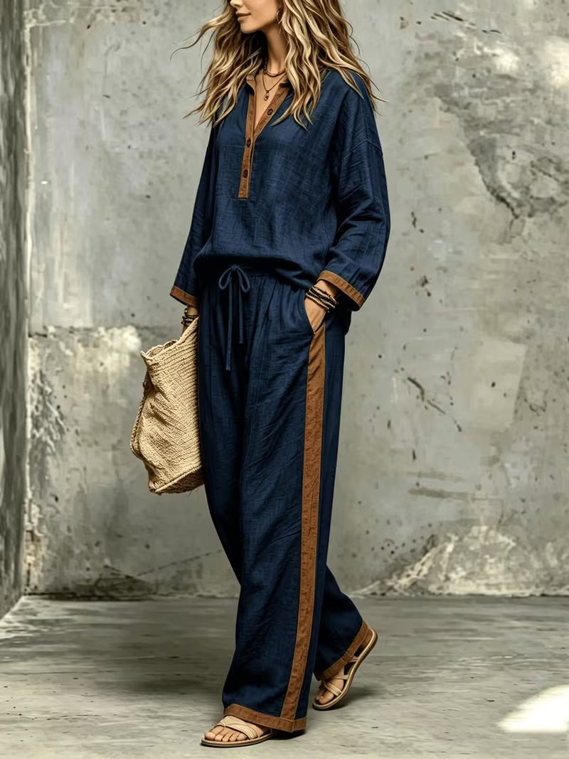 Women’s Stylish V-Neck Top & Relaxed Wide-Leg Pants Set
