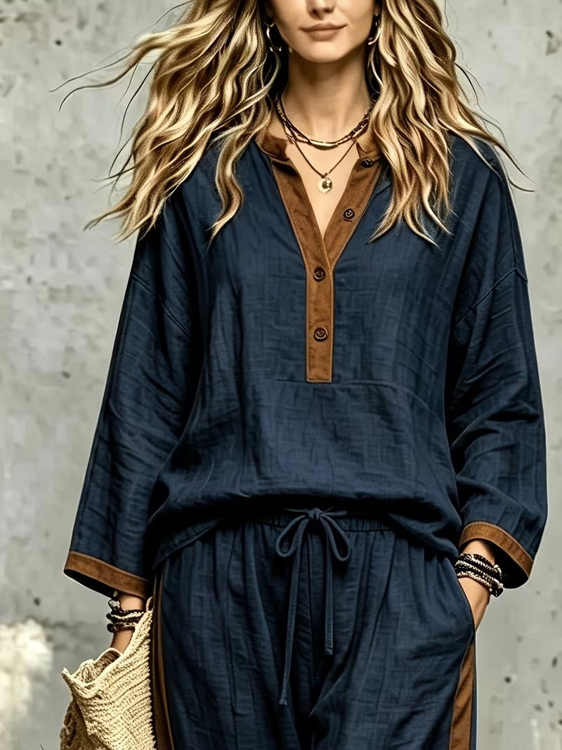 Women’s Stylish V-Neck Top & Relaxed Wide-Leg Pants Set