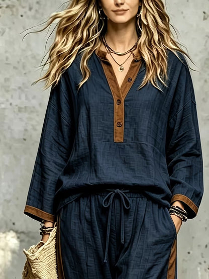 Women’s Stylish V-Neck Top & Relaxed Wide-Leg Pants Set